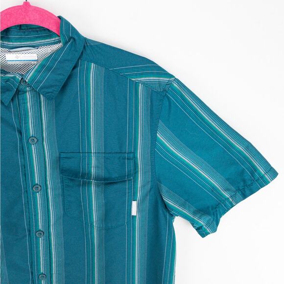 Columbia Fishing Shirt Men's Medium Vented Nylon Short Sleeve Green Striped Logo - Picture 4 of 11